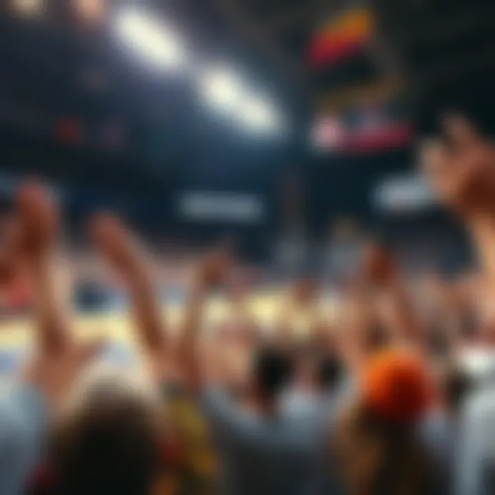 Fans cheering for their team during a college basketball game at 5PM