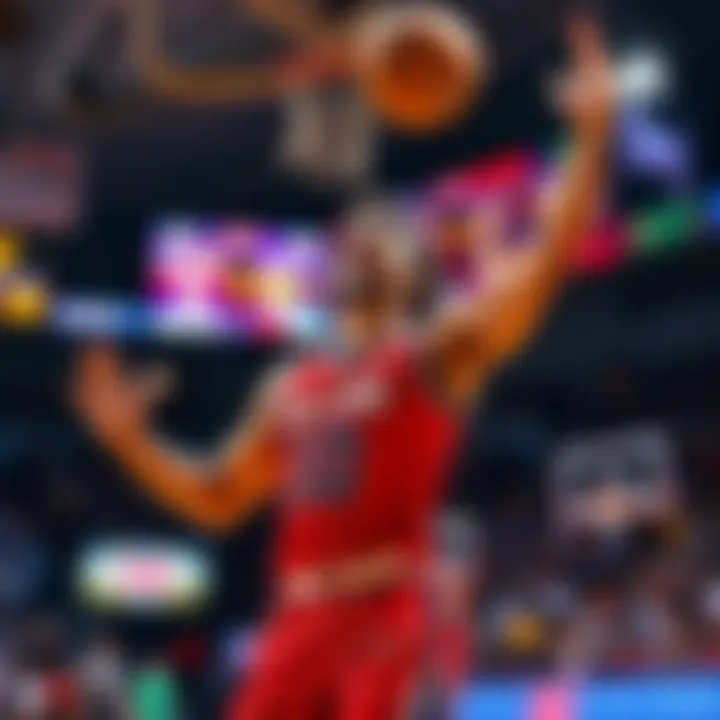 Basketball Game Highlights A college basketball player celebrates after scoring, with a scoreboard showing a 10-point lead in the background.