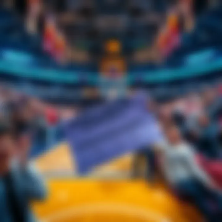 A basketball court with excited fans cheering, showcasing a parlay betting slip in hand