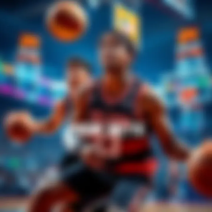 College Basketball Prop Bets Basketball players competing during March Madness with betting odds displayed