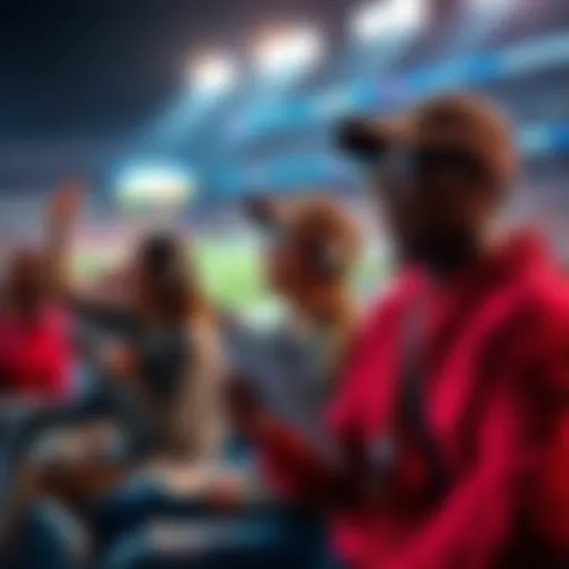 A group of college football fans cheering with excitement while holding lottery slips at a stadium