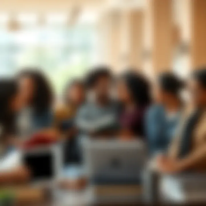 A group of diverse college students discussing funding options in a campus setting, with books and laptops around them.