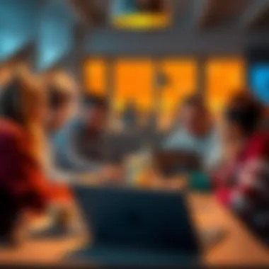 A group of friends gathered around a table with laptops and snacks, engaged in college sports betting conversations.