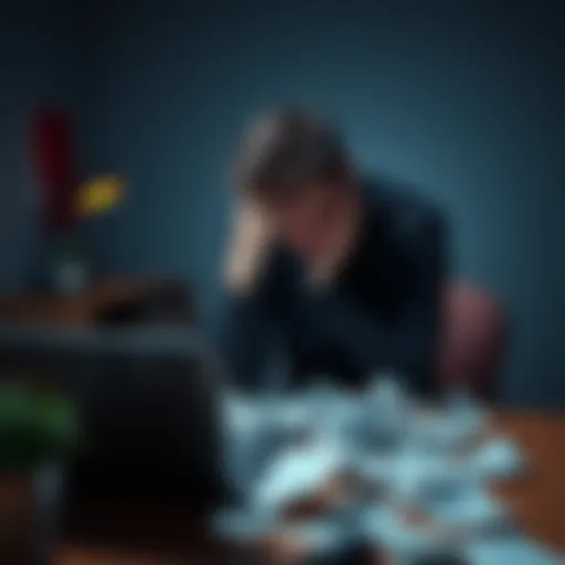 A college student sitting alone at a desk with their head in their hands, surrounded by crumpled betting slips and a laptop, showing signs of distress and despair regarding their sports betting addict...