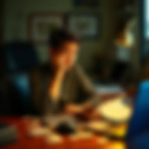A college student looks stressed while surrounded by credit card bills and a laptop, reflecting on gambling debt