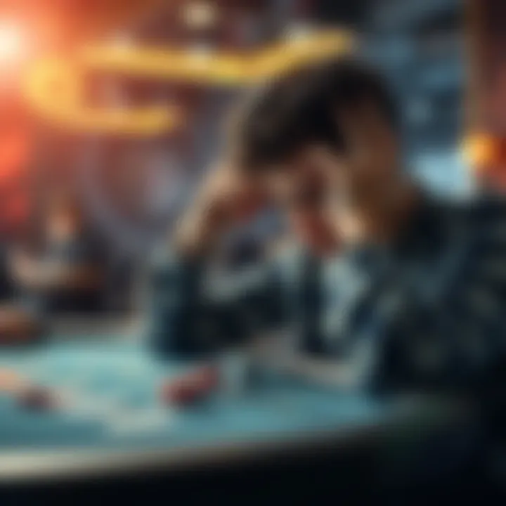 A college student looking stressed while gambling A worried college student sitting at a poker table with cards and chips, showing signs of distress over gambling losses.