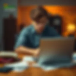 A college student sitting at a table with a laptop, looking stressed after a gambling loss. Papers and a calculator are scattered around him, symbolizing financial concerns.