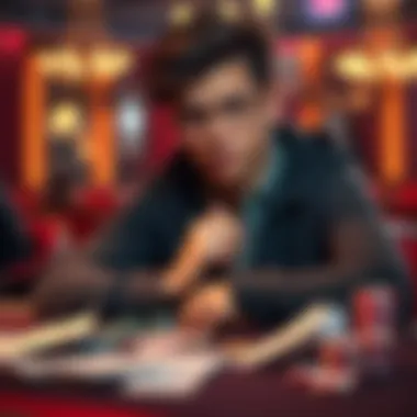 A 19-year-old college student sits at a table with a thoughtful expression, surrounded by playing cards and chips, contemplating his gambling habits.