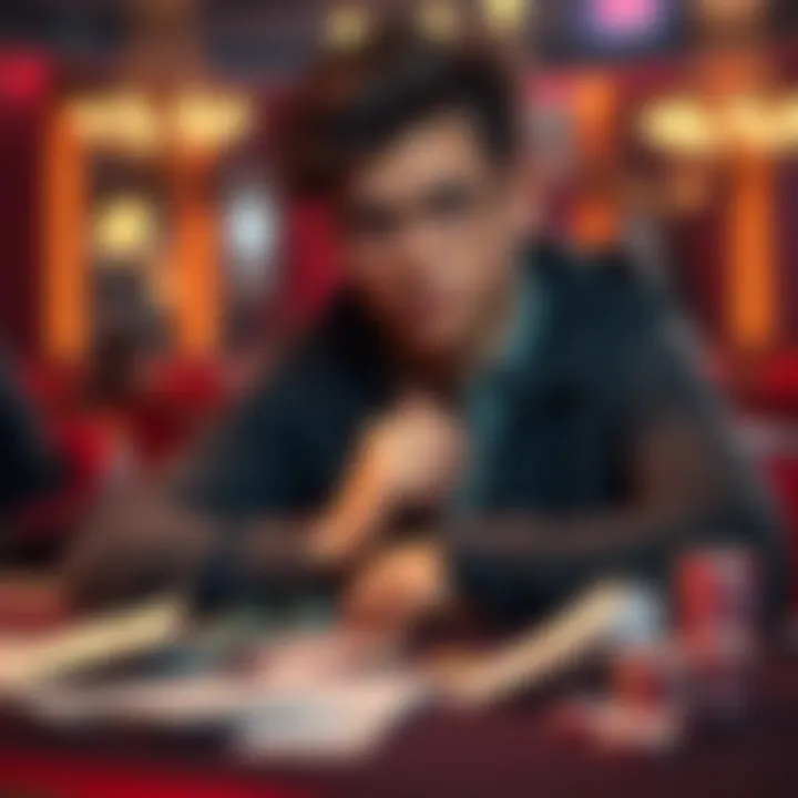 A 19-year-old college student sits at a table with a thoughtful expression, surrounded by playing cards and chips, contemplating his gambling habits.
