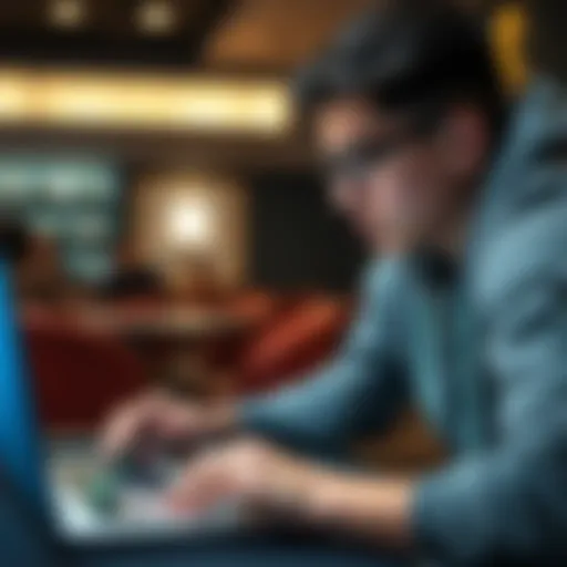 A college student focused on their laptop, engaging in an online poker game on ClubWPTgold, with poker chips and cards visible on the screen.