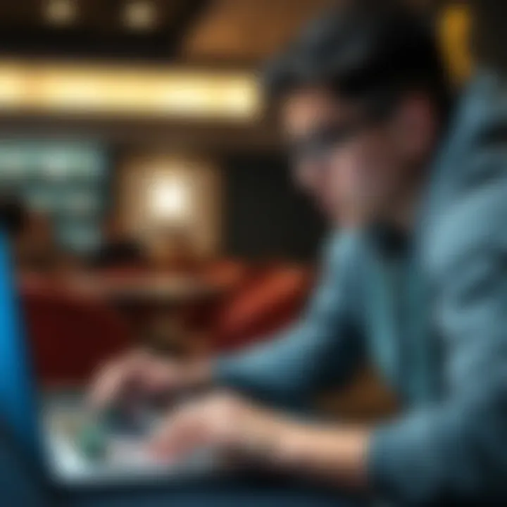 College Student Playing Online Poker A college student focused on their laptop, engaging in an online poker game on ClubWPTgold, with poker chips and cards visible on the screen.