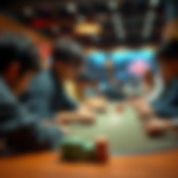 A college student focused on a live poker game at a table surrounded by other players, showing concentration and strategy while stacks of chips are in front of them.