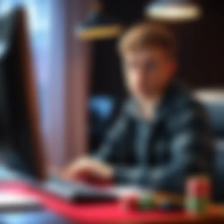 A young college student appears troubled while sitting at a desk with a computer, reflecting on a recent loss in online blackjack.