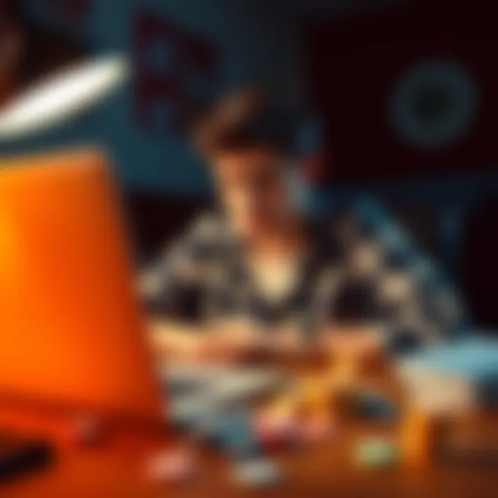 A distressed college student sitting at a desk, staring at a laptop with poker chips scattered around, showing concern over recent financial loss.