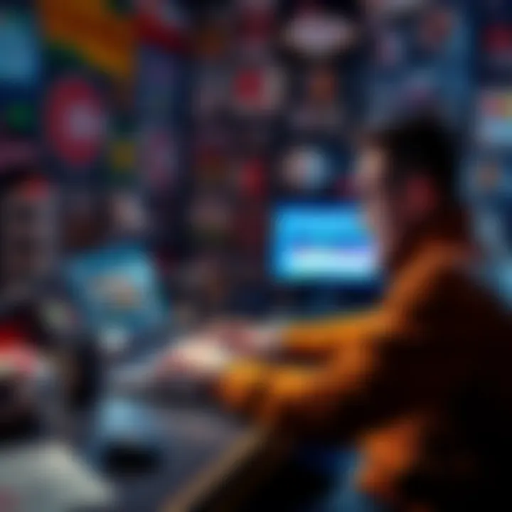 A Colorado bettor looking at a laptop with a Las Vegas betting site on the screen, surrounded by sports memorabilia.