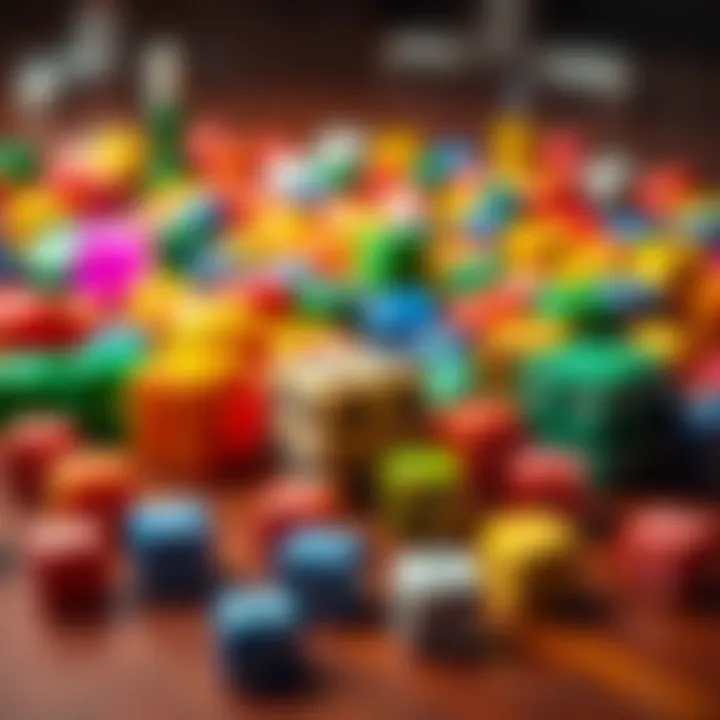 A close-up view of colorful dice scattered on a table, suggesting fun and excitement in dice games.