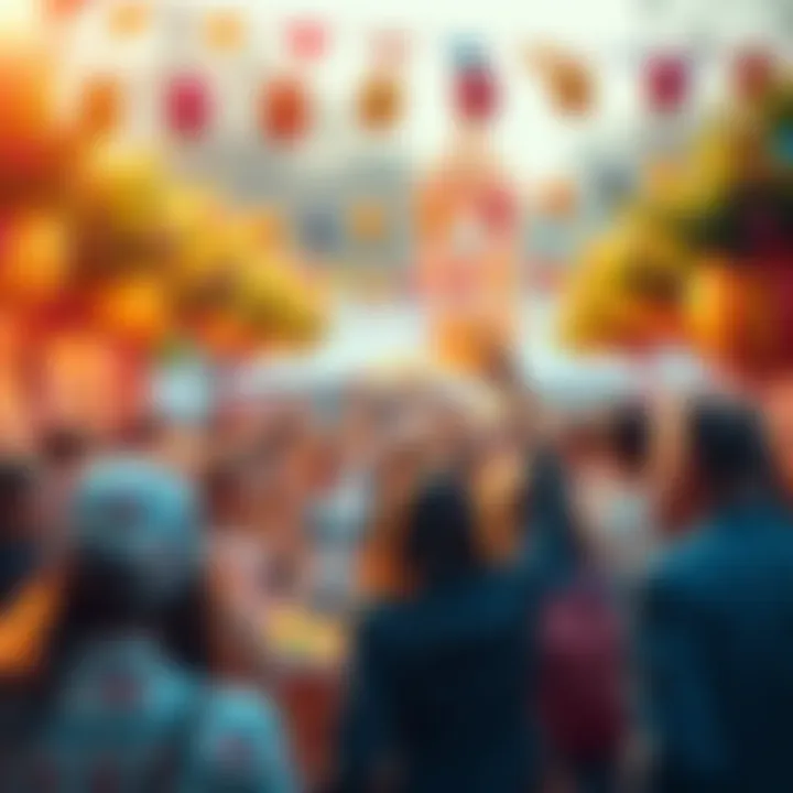 A vibrant scene displaying a lively Easter festival with decorated eggs, festive decorations, and joyful people celebrating together.