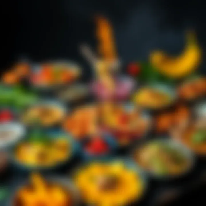 A vibrant spread of various dishes showcasing adventurous flavors, including exotic fruits and unique ingredients, inviting food lovers to explore new culinary experiences.
