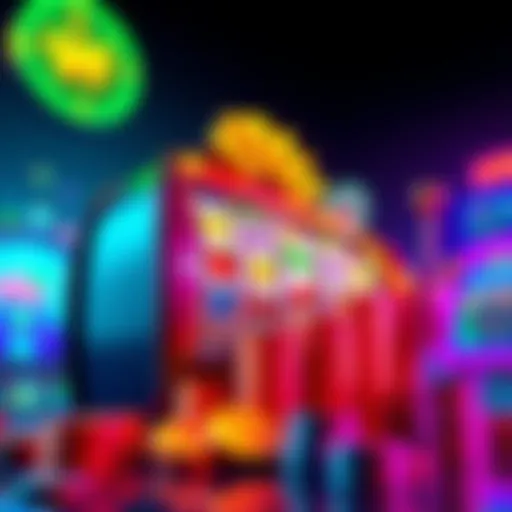 A vibrant slot machine displaying fruits and symbols with coins stacked next to it, representing winning big.