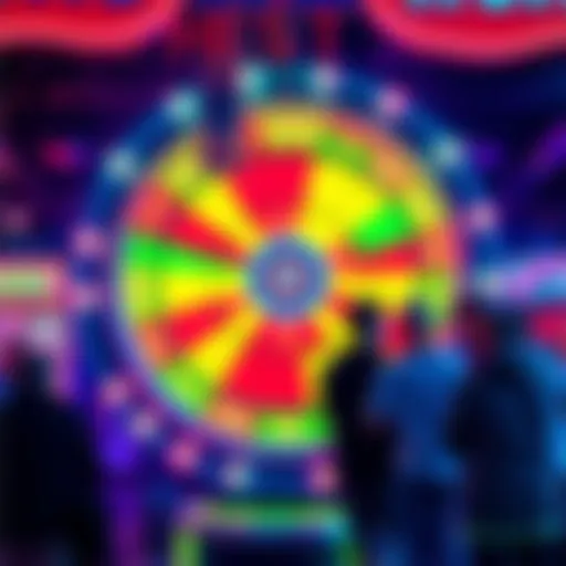 A vibrant wheel game spinning with players eager to win big prizes