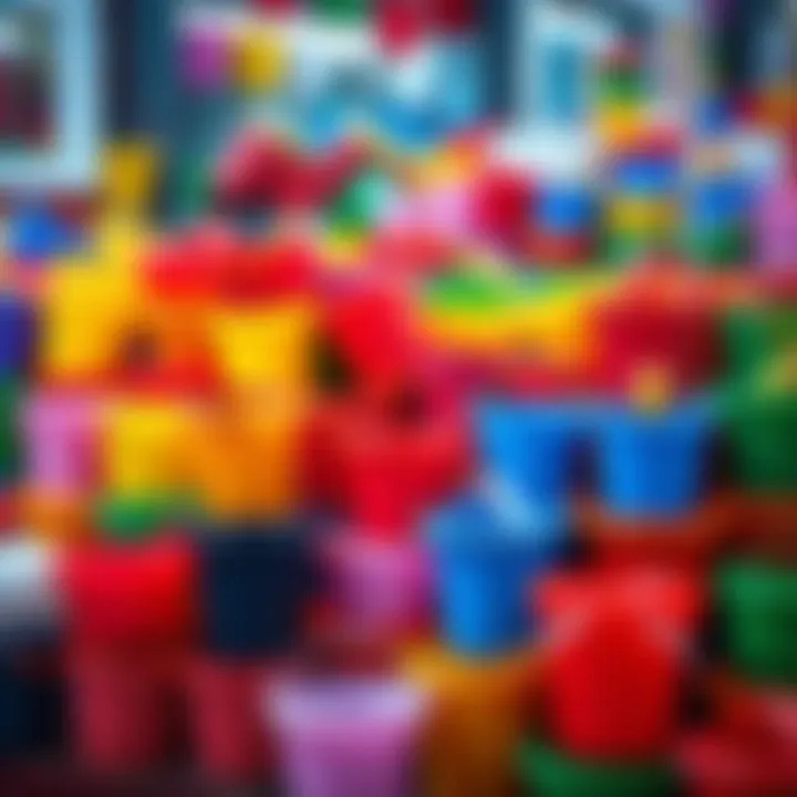 Colorful buckets on display A variety of colorful buckets arranged neatly, showcasing different designs and sizes, suitable for various uses in everyday life.