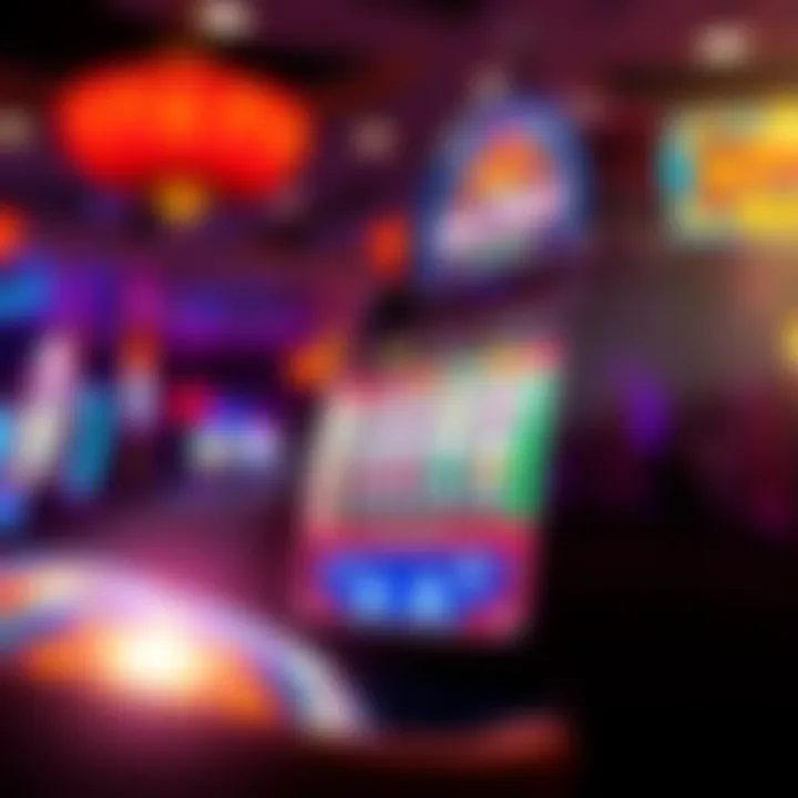 A vibrant classic slot machine surrounded by bright lights and casino atmosphere, showcasing its unique design and inviting players to play.