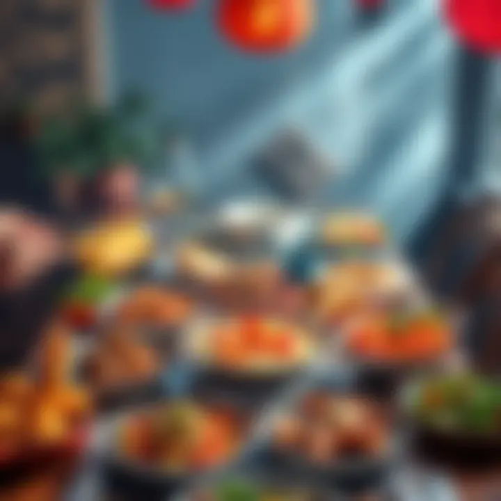 A vibrant table filled with a variety of dishes ready for sharing, including salads, breads, and entrees, inviting a communal dining experience.