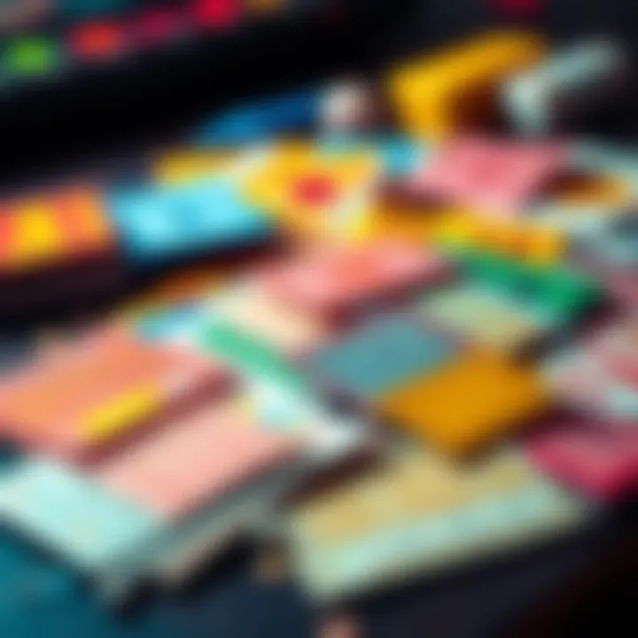 A vibrant display of lottery tickets spread across a table, showcasing various designs and colors.