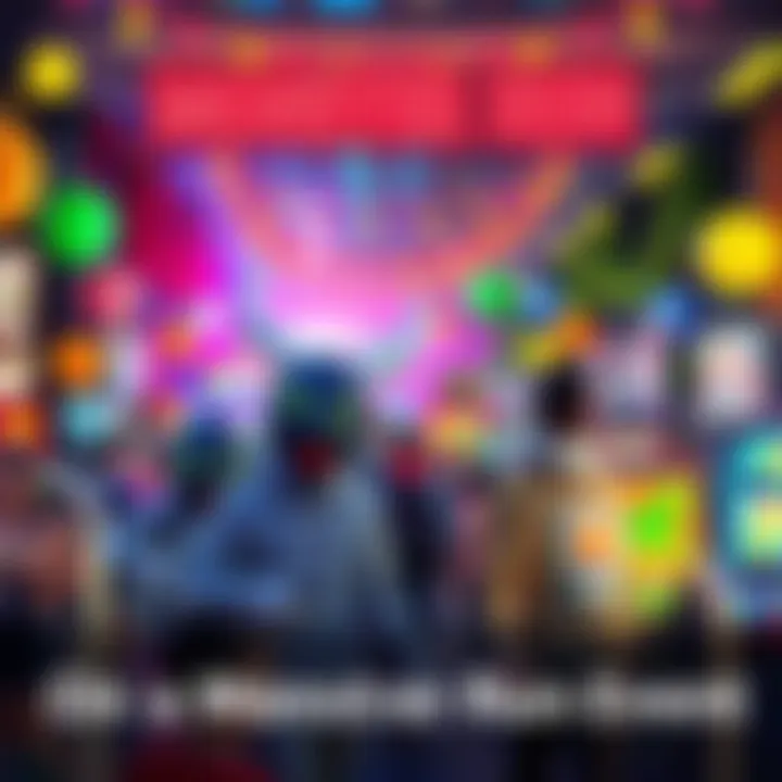 A lively scene of people participating in a monster run event, enjoying free play opportunities and excitement, surrounded by bright decorations and game setups.