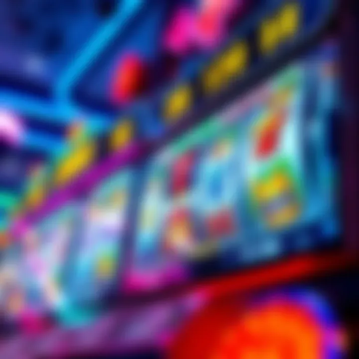 A vibrant online slot machine display with spinning reels and various symbols, showcasing bonuses and features