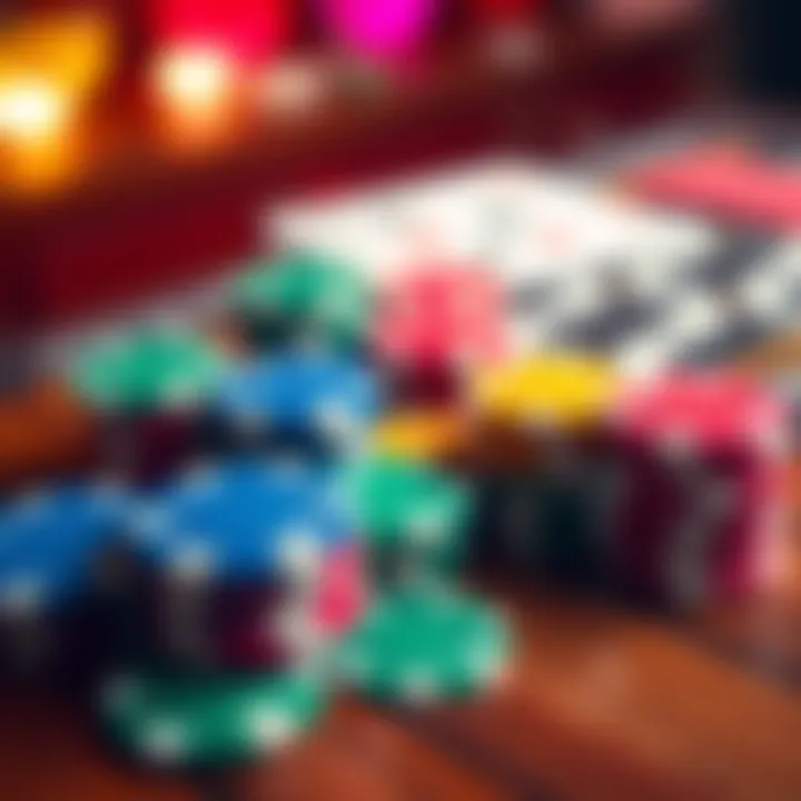 A variety of colorful poker chips arranged on a wooden table, perfect for game night with friends