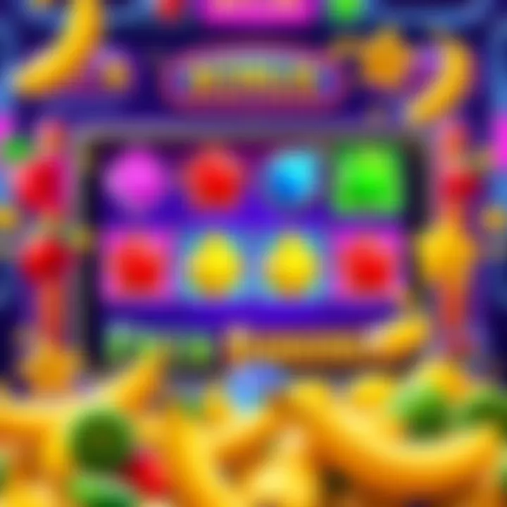 Four vibrant scatter symbols on the Frkn Bananas game screen, surrounded by fruit icons and exciting bonus graphics.