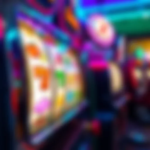 A close-up of a vibrant slot machine with spinning reels, featuring various symbols and bright lights, capturing the excitement of casino gaming.