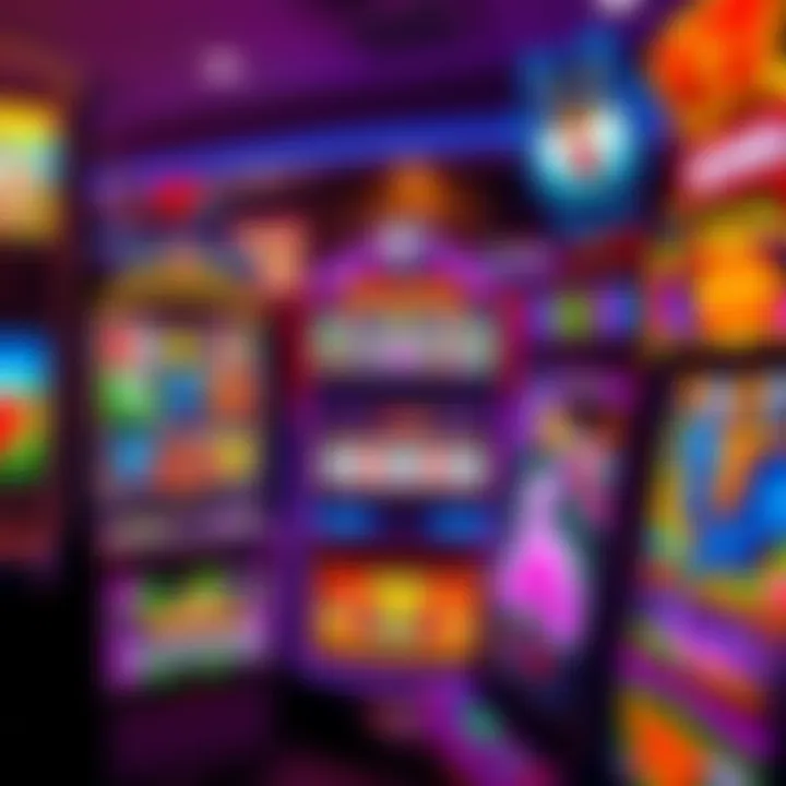 A display of various slot machines with bright and engaging themes, showcasing different visuals like animals and cryptocurrency symbols.
