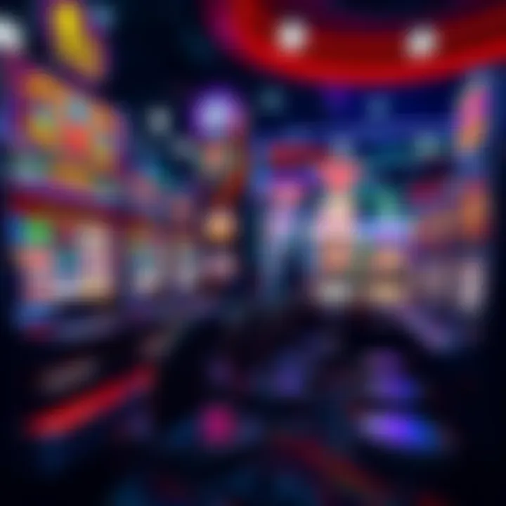 Colorful slot machines Brightly lit slot machines with reels showing various symbols like fruits and bars, attracting players in a casino setting