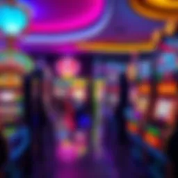 A vibrant display of slot machines showing various games with high payout potential