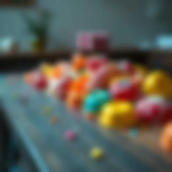 A variety of sticky sweets displayed on a wooden table, showcasing vibrant colors and textures.