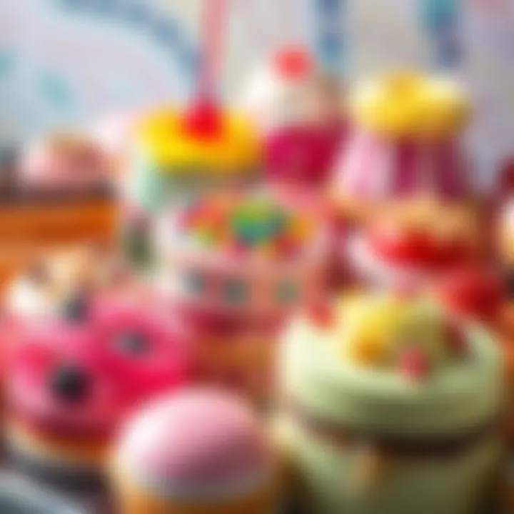Colorful Sweet Treats An assortment of desserts including cakes, pastries, and candies in vibrant colors, showcasing popular flavors and styles in 2025.