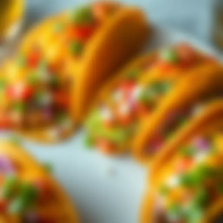 A plate filled with various tacos topped with fresh ingredients like lettuce, tomatoes, and cheese