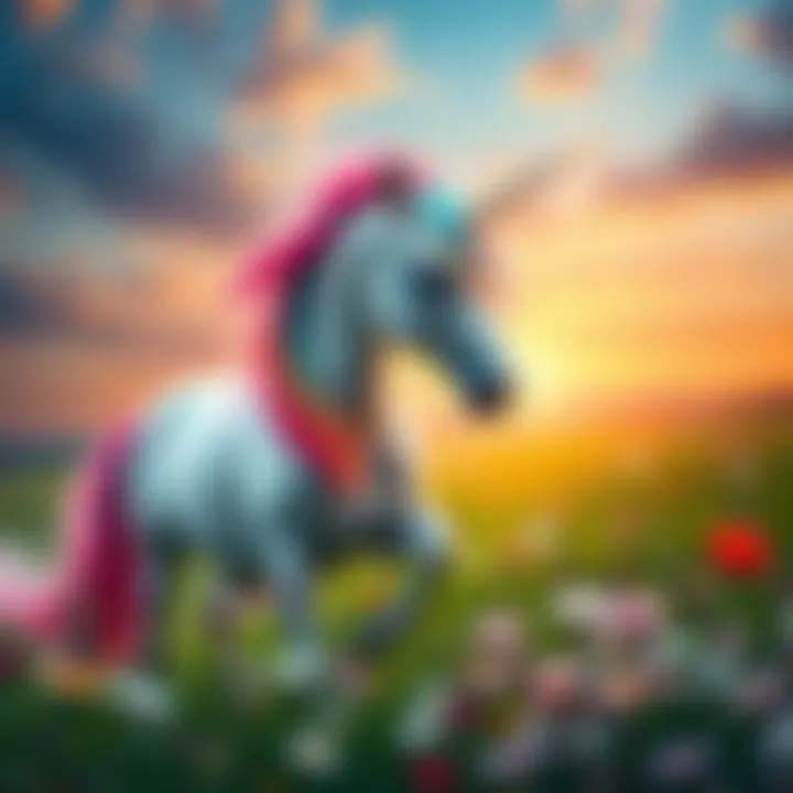 A vibrant unicorn with a sparkling horn stands in a green meadow surrounded by flowers