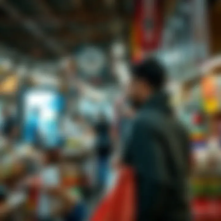 Various sellers showcasing their products in a busy marketplace