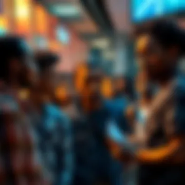 Communities Reacting to Revelations A group of diverse people discussing and reacting to shocking news in a public space