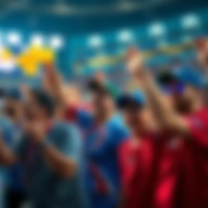 A group of people cheering with sports gear, showing support for their favorite bets during a game.