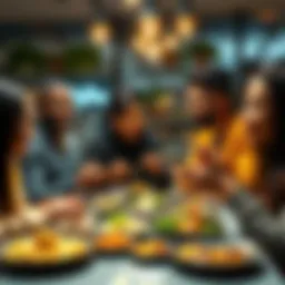 A group of people sharing food and discussing strategies for profits