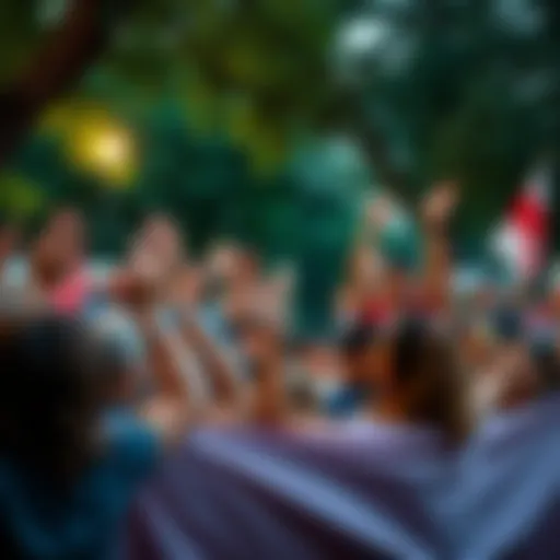 Community Celebration People in a local park celebrating a recent victory with cheers and smiles, holding banners and flags.