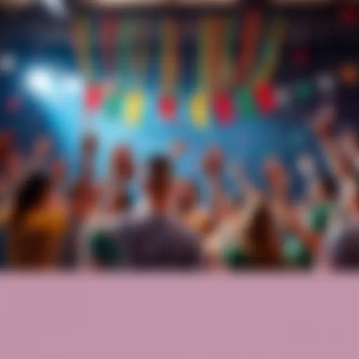 People celebrating together with banners and confetti in a lively atmosphere