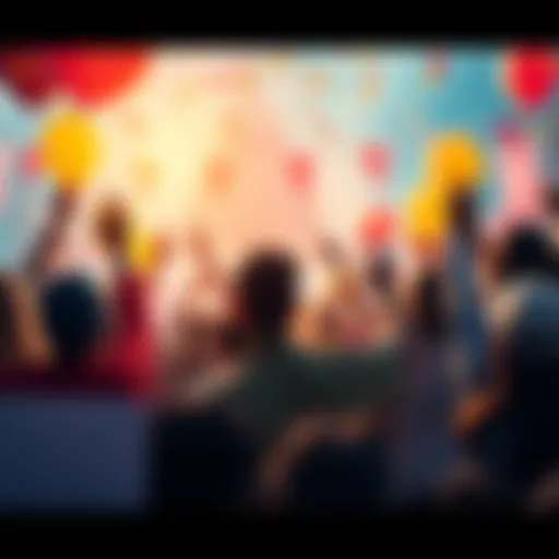 People celebrate milestones in their community, showing excitement and progress, with balloons and banners in the background.