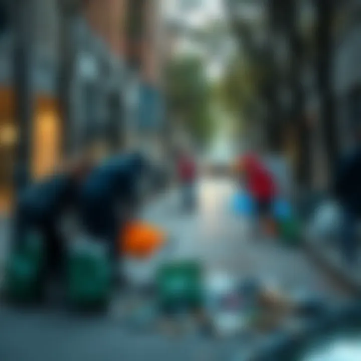 Community Clean-Up Effort Group of people cleaning litter from a city street during a community event