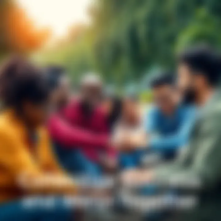 A diverse group of people working together, smiling and supporting each other in a park setting, symbolizing unity and collective success.