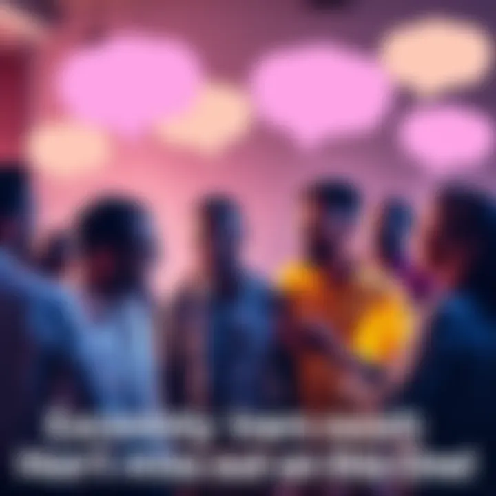 A diverse group of people engaging in a lively discussion with speech bubbles above them, representing the sharing of thoughts and ideas.